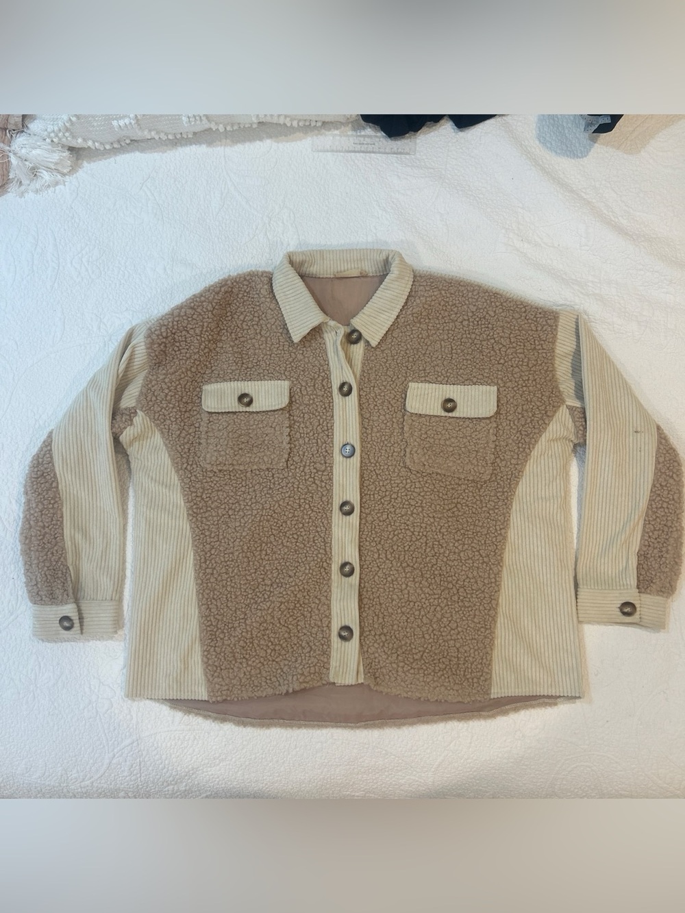 Altar’d State Beige and Tan Mixed-Media Sherpa Button-Front Women's Sweater